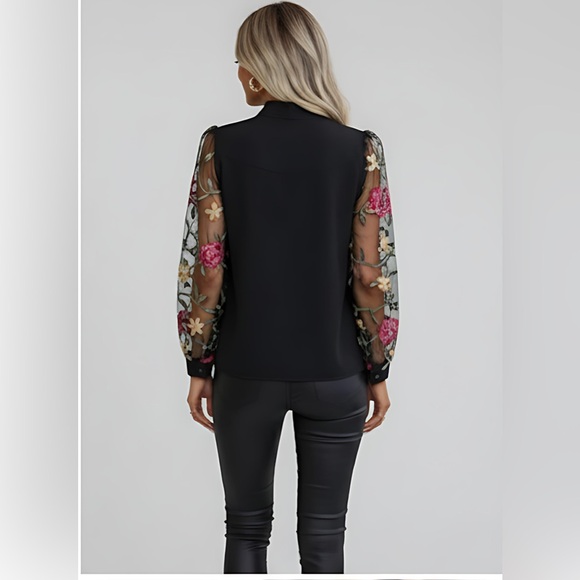 Floral Embroidery Mesh Sleeve Tie Neck Blouse Black - Picture 3 of 8
